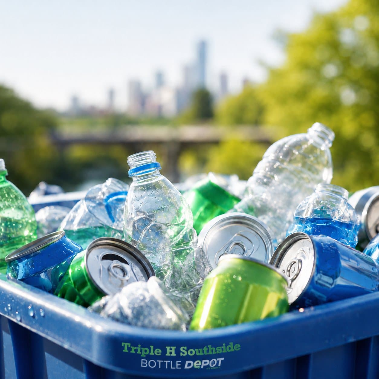 Close-up of sorted aluminum cans and plastic bottles ready for refund