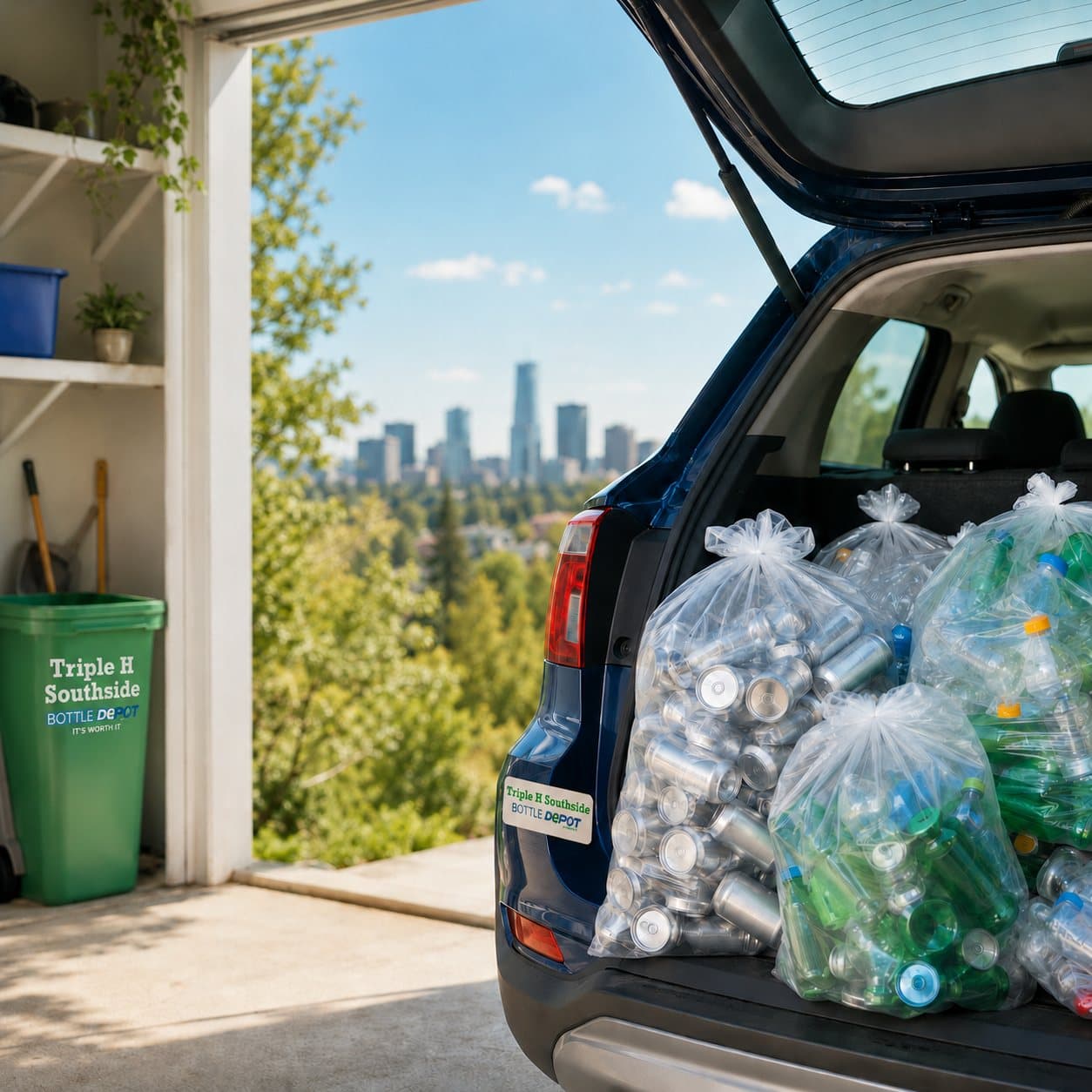 A car trunk full of bagged bottles and cans ready to return in Edmonton