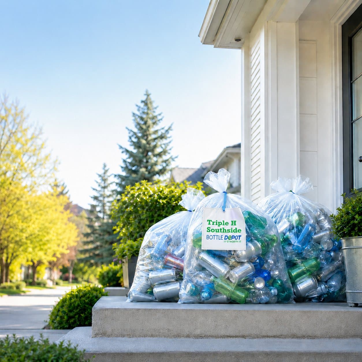 Bags of cans and bottles ready for free pickup on a doorstep