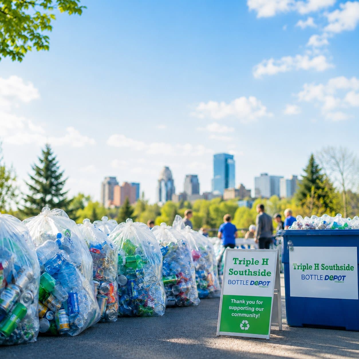 Bags of bottles and cans collected for a community bottle drive fundraiser