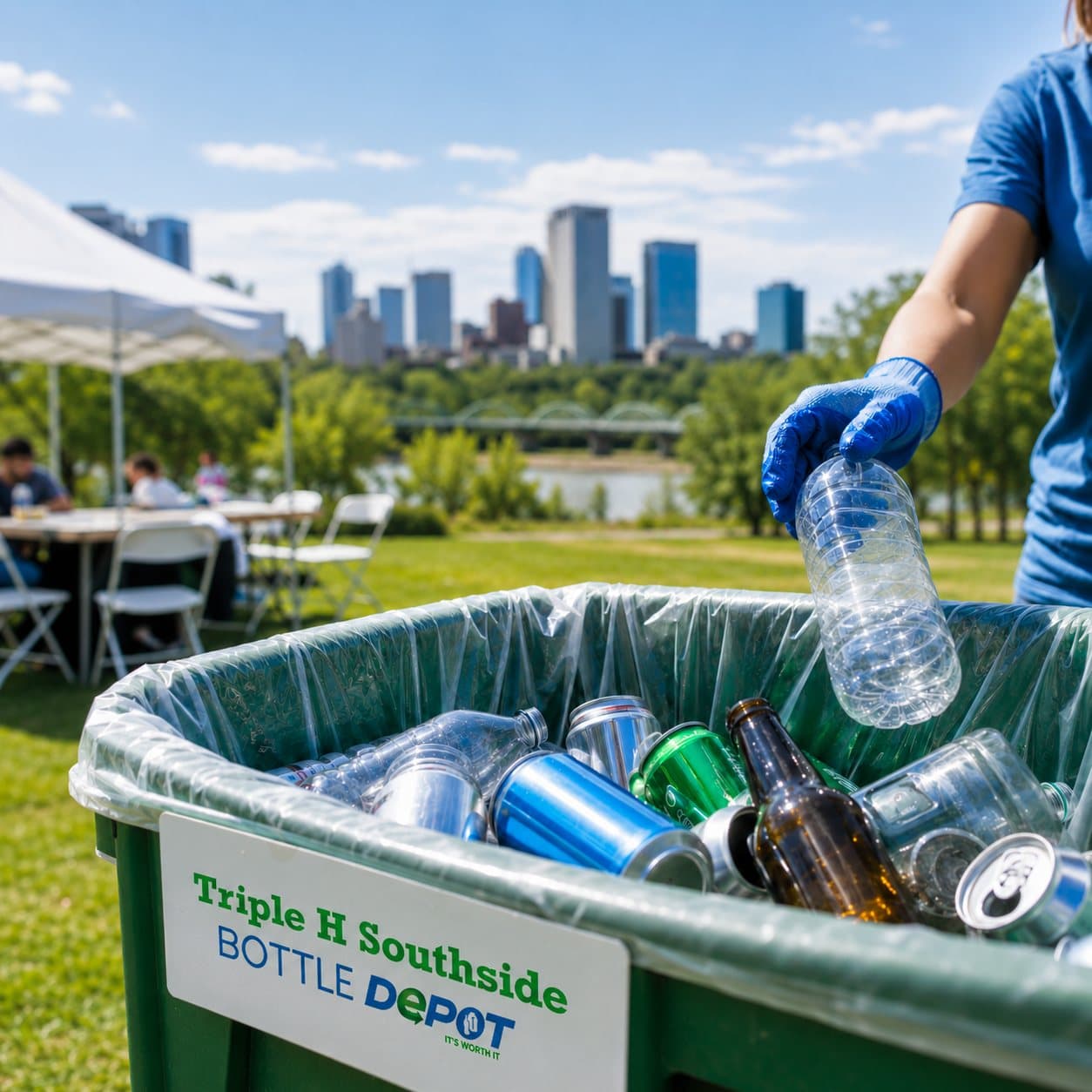 Collecting empty cans and bottles into a bin at an outdoor community event